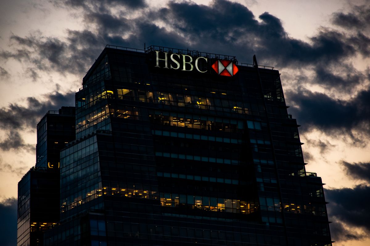Facade of a modern bank building at sunset