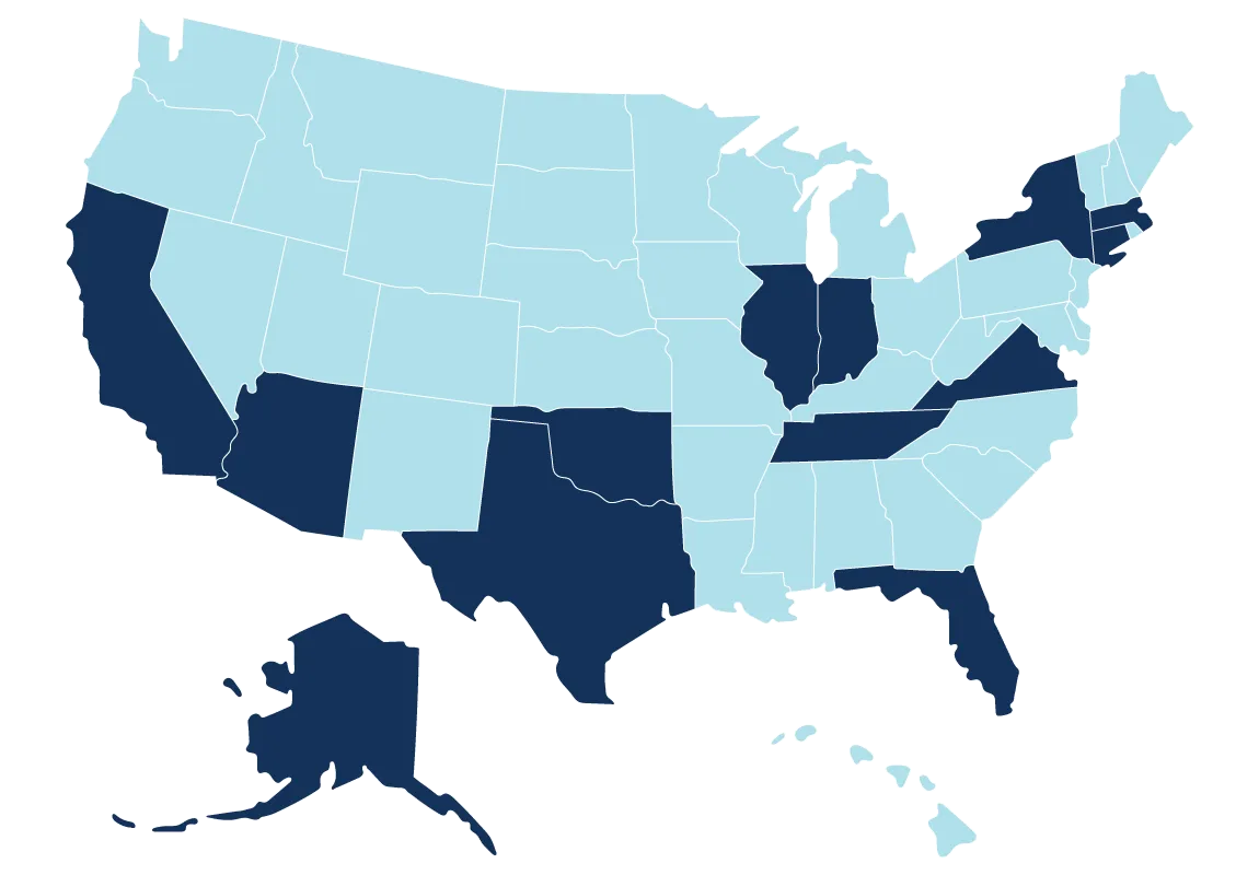 Map showing Whitwell and Co. client service locations across 15 U.S. states